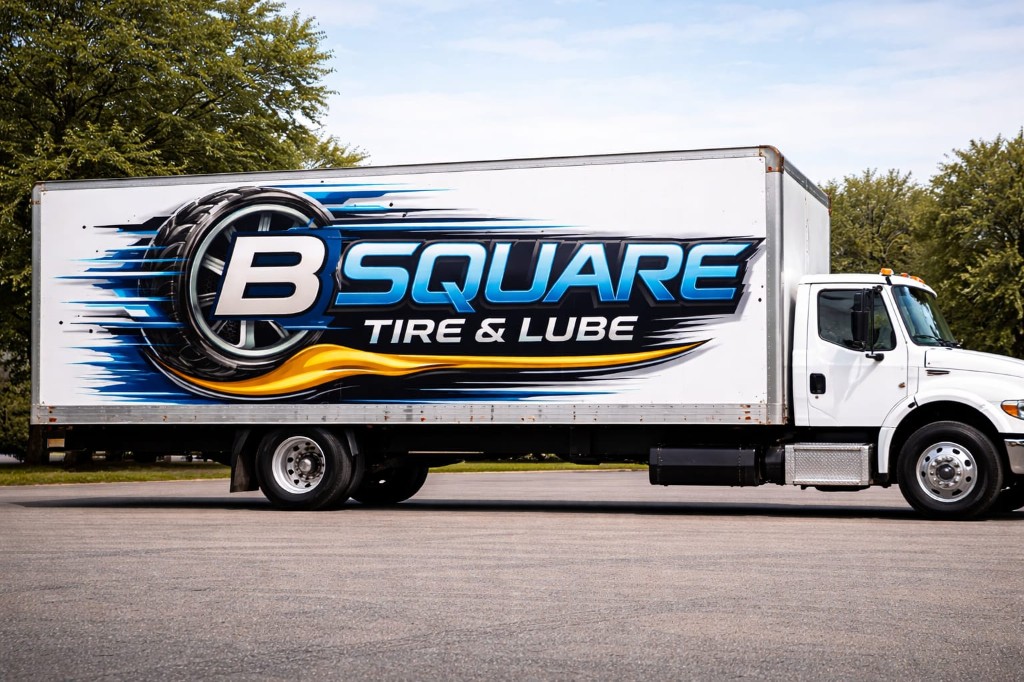 B Square Tire & Lube branded mobile service box truck delivering tires and parts across Ontario, Canada