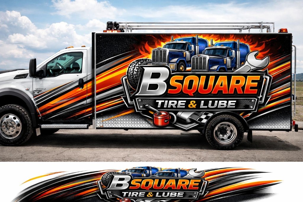 B Square Tire & Lube on-site repair and service truck equipped for tire changes, lube work, and minor repairs in Ontario